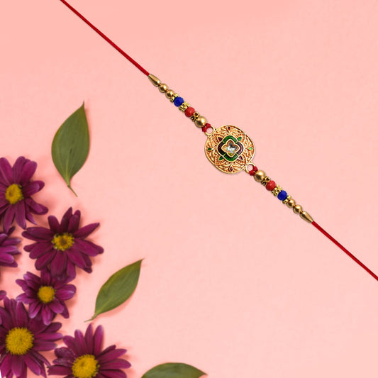 Traditional Kundan Rakhi With Antique Gold Finish  Multicolor Beads Wukusy