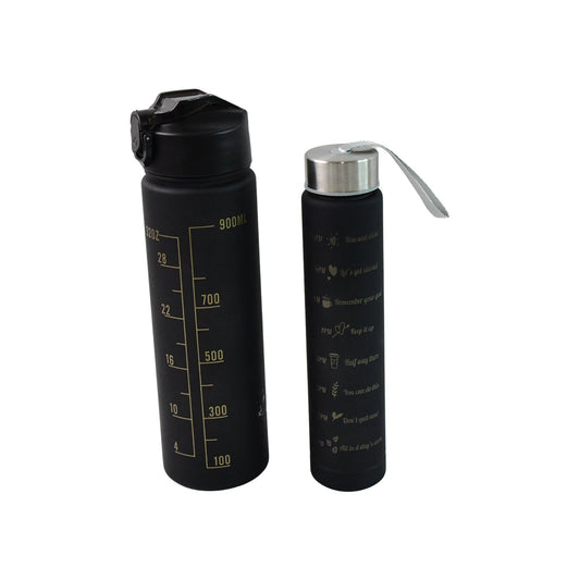 2 Pc Premium Black Motivational Water Bottle Set (900 Ml + 300 Ml) Wukusy