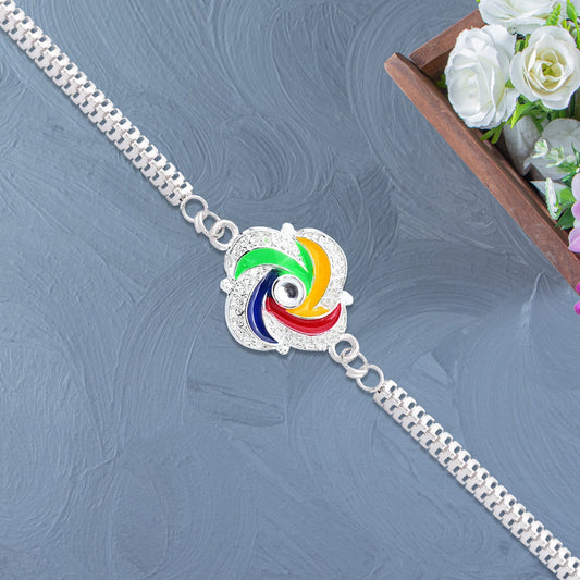 Stylish Silver Rakhi With Colorful Feather Detailing And Metal Chain Wukusy