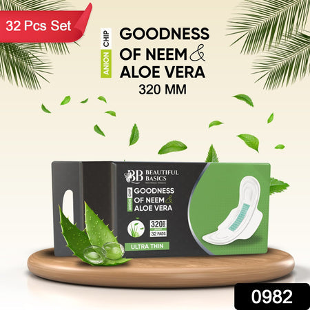 0982 Sanitary Pads For Women With Goodness Of Neem  Aloe Vera  Ultra Thin  Leakage Protection  Ph Balance  With Antibacterial Anion Chip  5x More Absorbance (320 Mm  32 Pads) Wukusy