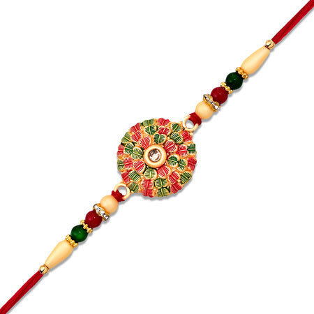 Traditional Kundan Rakhi With Golden Floral Base And Rudraksha Beads Wukusy