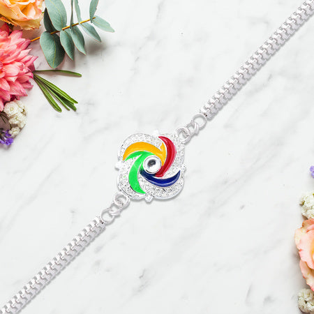 Stylish Silver Rakhi With Colorful Feather Detailing And Metal Chain Wukusy