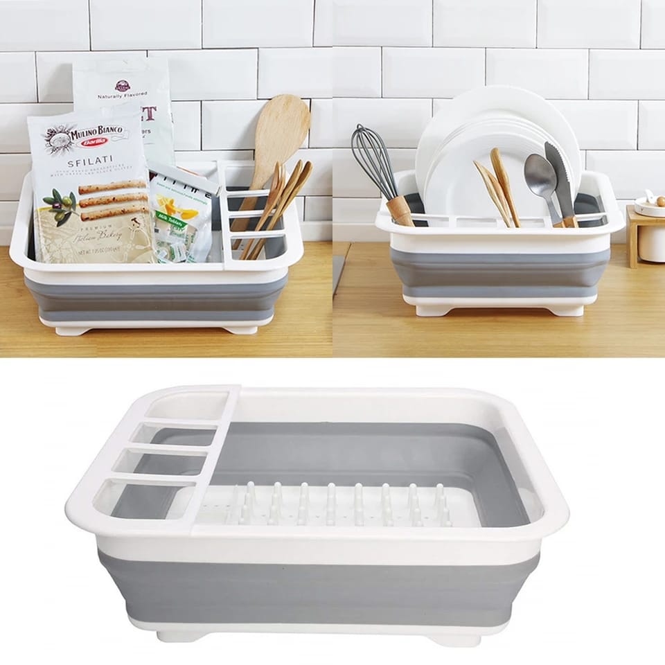 0804 Collapsible Folding Silicone Dish Drying Drainer Rack With Spoon Fork Knife Storage Holder Wukusy