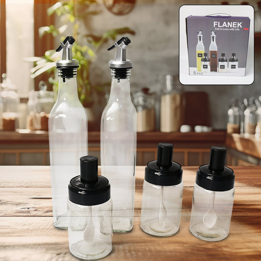 10011 Transparent Glassoil Dispenser 500 Ml Bottle Set Of 2 Spice Jar 250 Ml Set Of 3 Oil Bottle For Kitchen Oil  Vinegar Storage Glass Bottle Glass Container For Spice Masala (5 Pcs Set) Wukusy