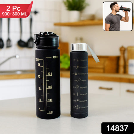 2 Pc Premium Black Motivational Water Bottle Set (900 Ml + 300 Ml) Wukusy