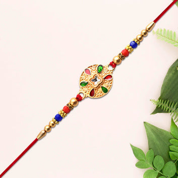 Traditional Circular Meenakari Rakhi With Multicolor Enamel Kundan Stone  Gold Beads Wukusy