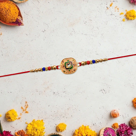 Traditional Kundan Rakhi With Antique Gold Finish  Multicolor Beads Wukusy