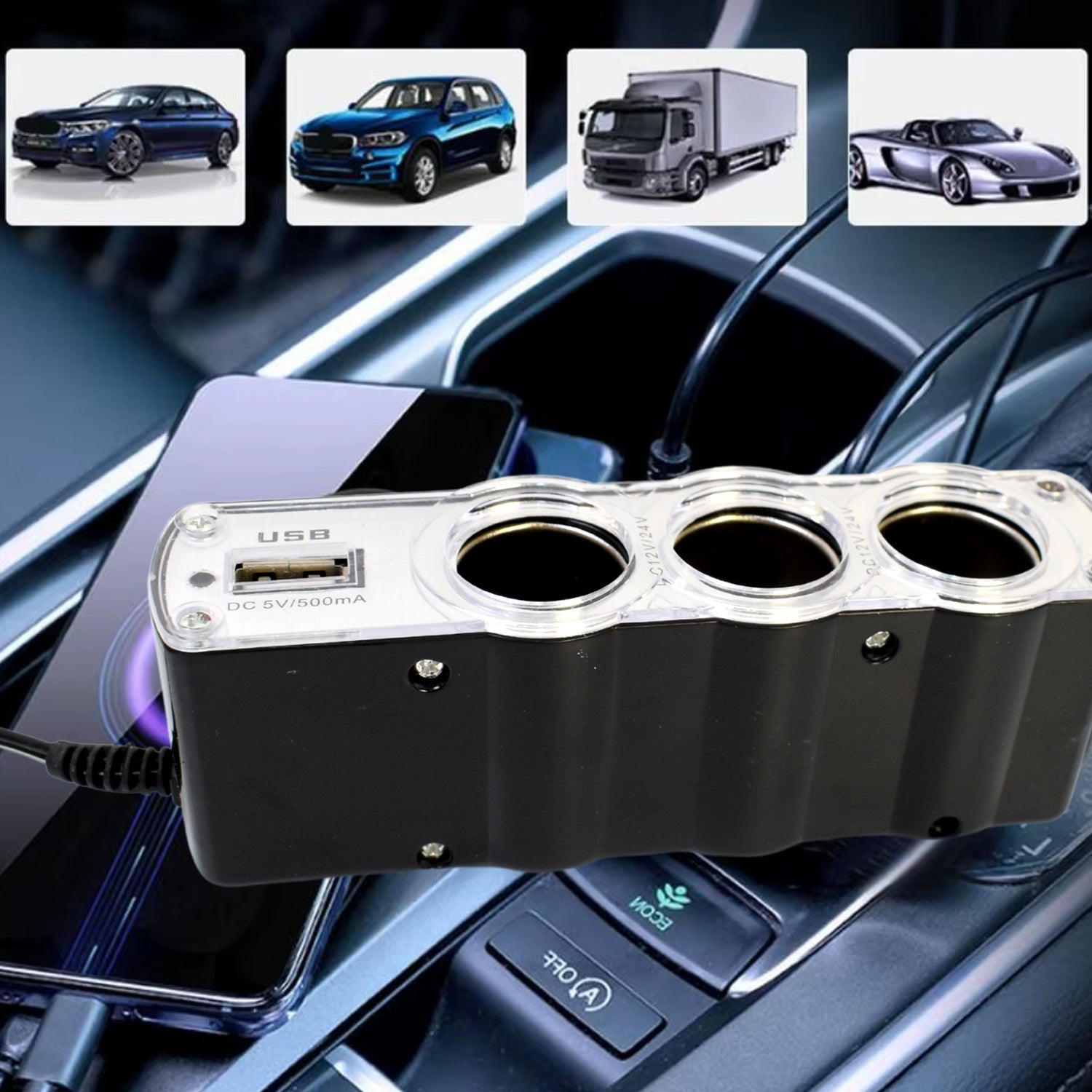 Triple 3 Way Car 12v Lighter Socket Splitter Usb Charger Power Adapter Wukusy