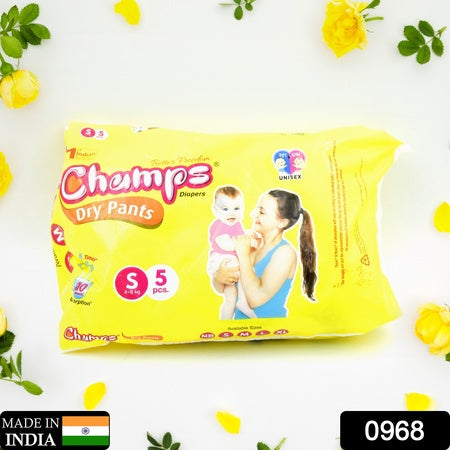 0968 Small  Champs Dry Pants Style Diaper- Small Best For Travel  Absorption Champs Baby Diapers Champs Soft And Dry Baby Diaper Pants (S5 Pcs ) Wukusy