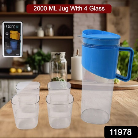 Transparent Stylish Premium Jug With Elegant Handle (2000 Ml Jug Approx  4 Pcs Plastic Glass) Wukusy