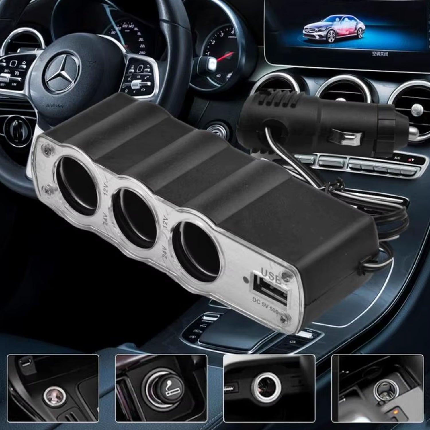 Triple 3 Way Car 12v Lighter Socket Splitter Usb Charger Power Adapter Wukusy