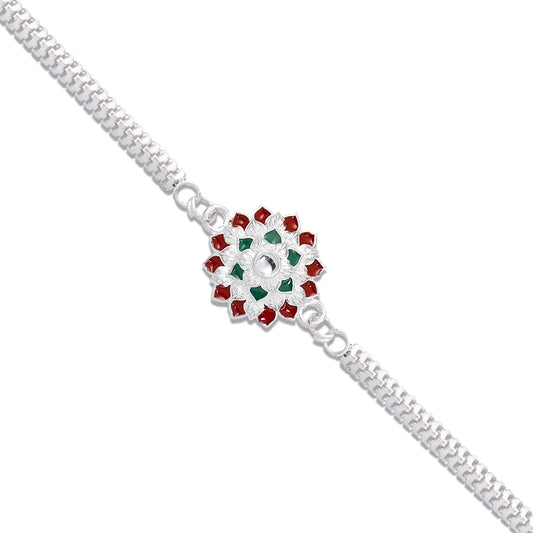 Traditional Floral Rakhi With Red  Green Stones  Silver Designer Rakhi For Brother Wukusy