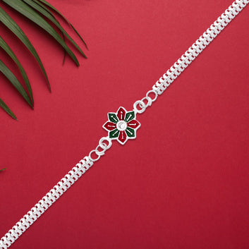 Star Floral Rakhi With Red-green Enamel And Silver Chain Wukusy
