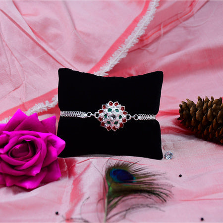 Traditional Floral Rakhi With Red  Green Stones  Silver Designer Rakhi For Brother Wukusy