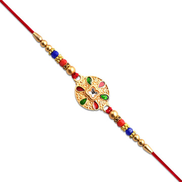 Traditional Circular Meenakari Rakhi With Multicolor Enamel Kundan Stone  Gold Beads Wukusy
