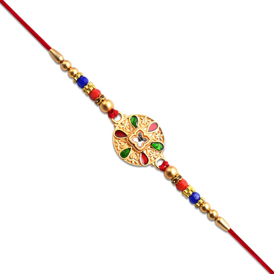 Traditional Circular Meenakari Rakhi With Multicolor Enamel Kundan Stone  Gold Beads Wukusy