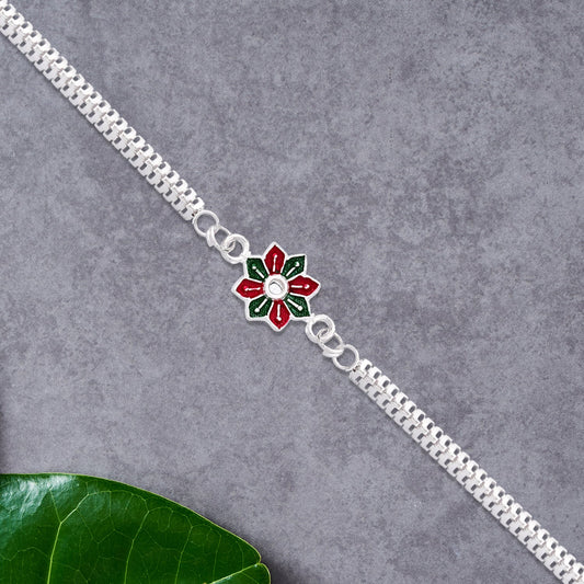 Star Floral Rakhi With Red-green Enamel And Silver Chain Wukusy