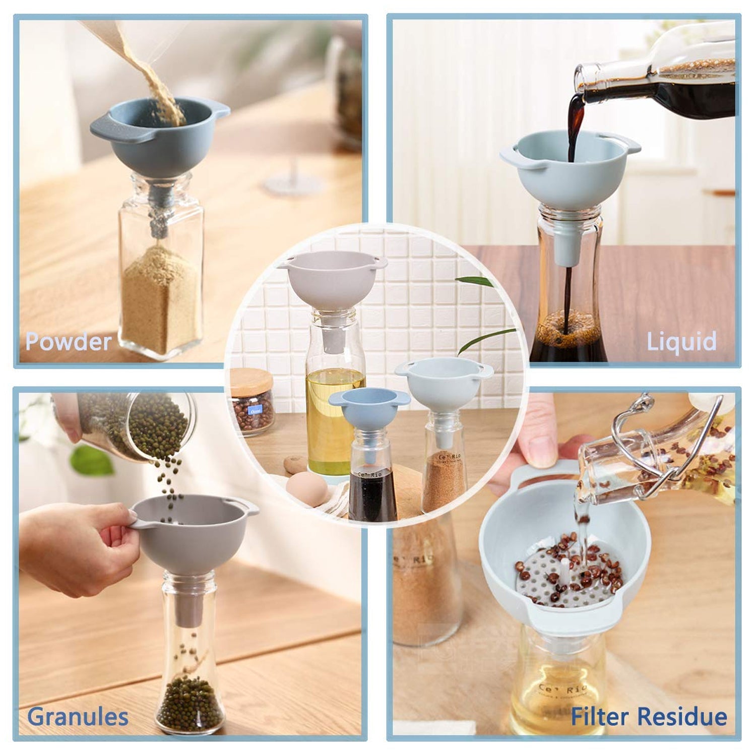 12007 3 In 1 Kitchen Funnel Set Of 3 Funnel For Filling Bottle Small Canning Funnel With Handle Food Grade Plastic Funnel With Detachable Strainer Filter For Liquid Dry Ingredients And Powder Wukusy