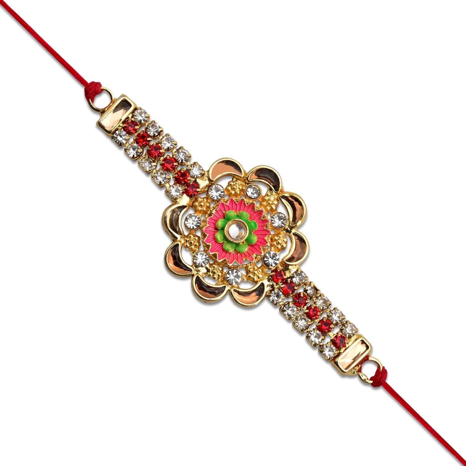 Stone Studded Floral Rakhi With Colorful Enamel Center Wukusy