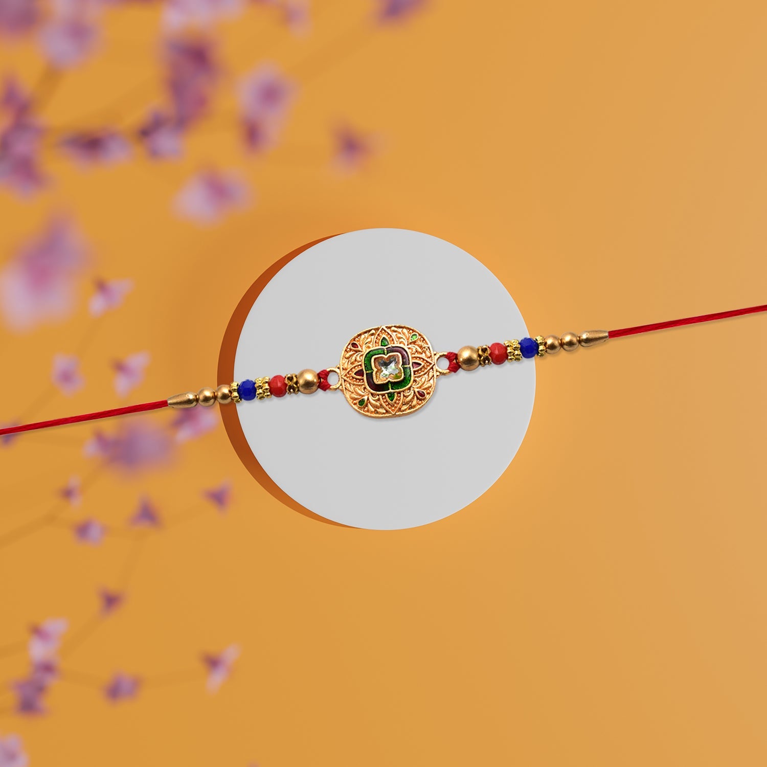 Traditional Kundan Rakhi With Antique Gold Finish  Multicolor Beads Wukusy