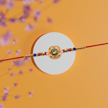 Traditional Kundan Rakhi With Antique Gold Finish  Multicolor Beads Wukusy