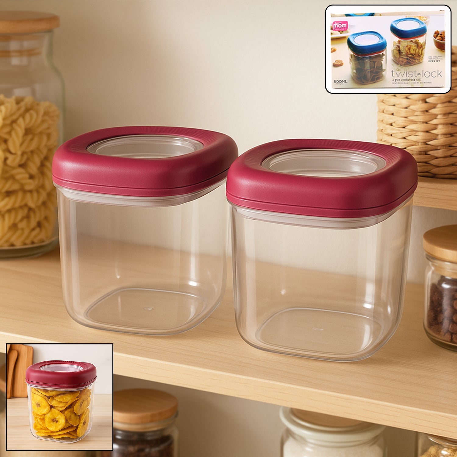 Transparent Twist Lock Kitchen Storage Container Set (Approx 800ml  2pc) Wukusy