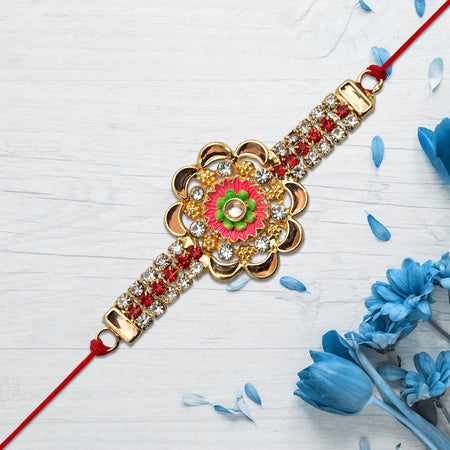Stone Studded Floral Rakhi With Colorful Enamel Center Wukusy