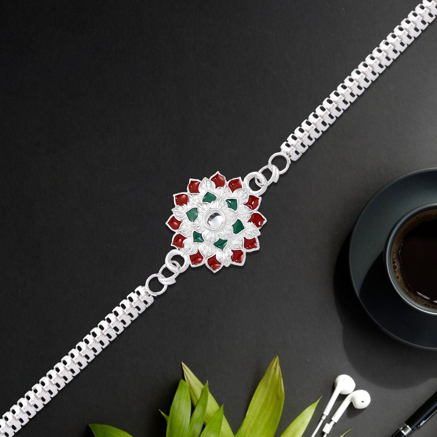 Traditional Floral Rakhi With Red  Green Stones  Silver Designer Rakhi For Brother Wukusy