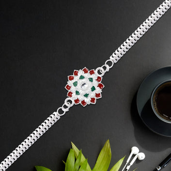 Traditional Floral Rakhi With Red  Green Stones  Silver Designer Rakhi For Brother Wukusy