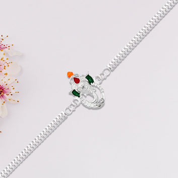 Stylish Ganesha Rakhi With Enamel Highlights And Silver Metal Chain Wukusy