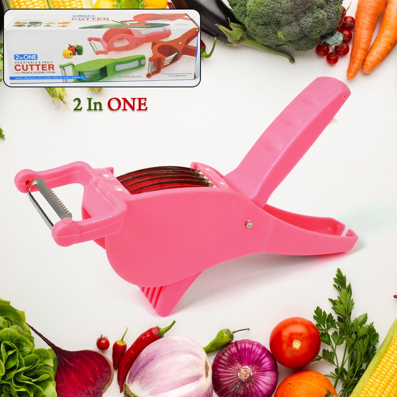 Plastic 2 In 1 Vegetable  Fruit Multi Cutter 5 Blade Vegetable Cutter With Peeler (1 Pc  Multicolor) Wukusy