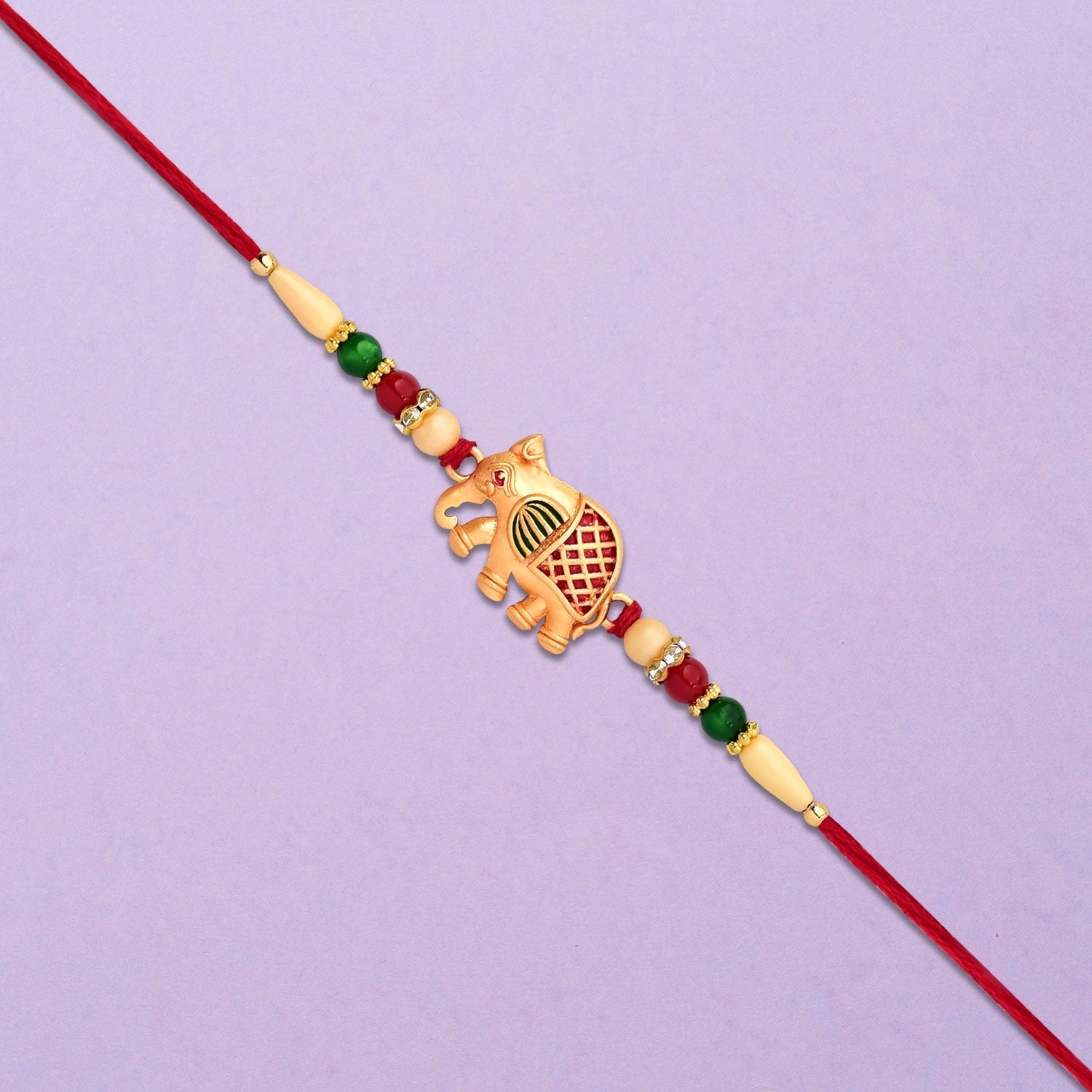 Golden Elephant Rakhi With Red Green Moti Wukusy