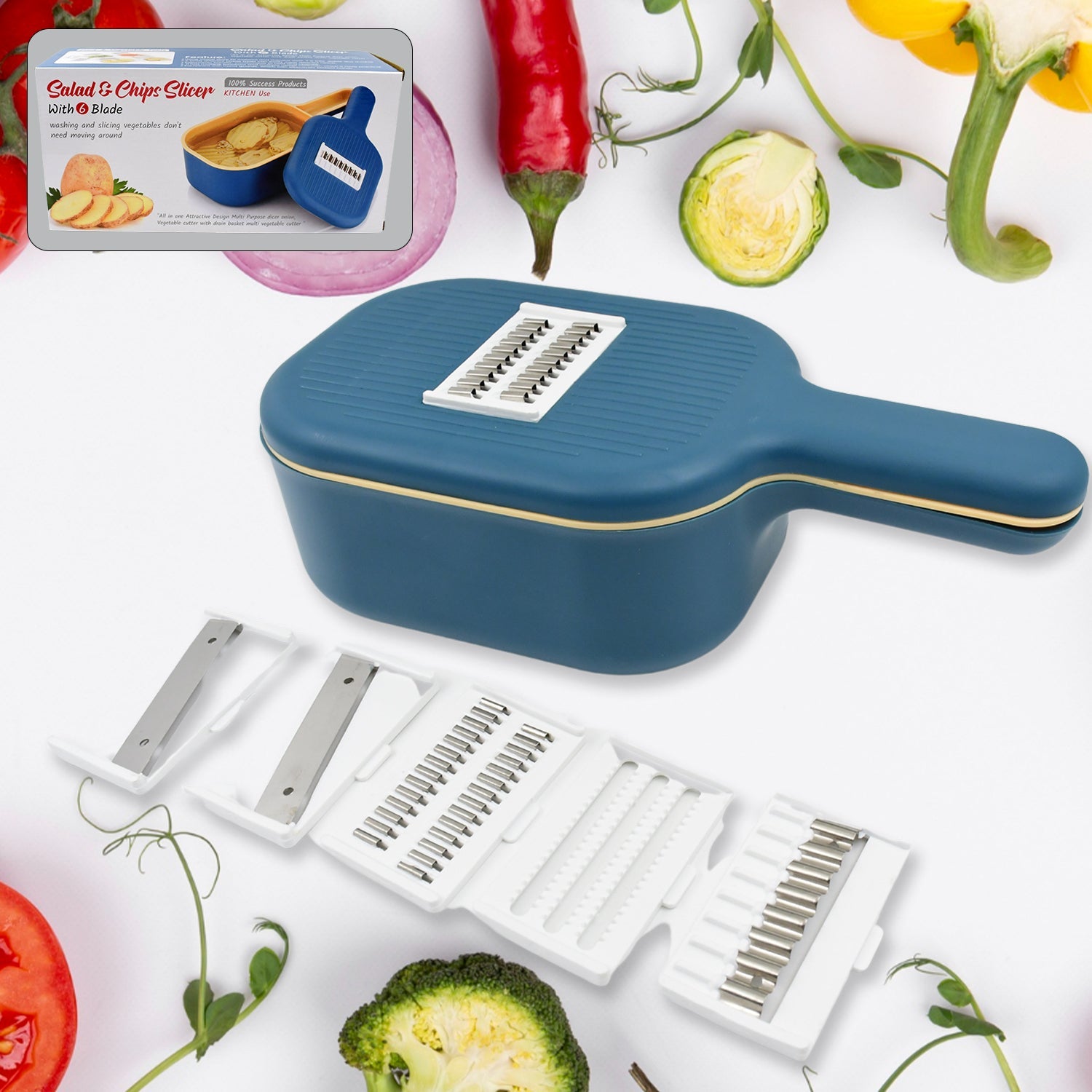 Vegetable Slicer Cutter - 6 Blades Kitchen Accessories Tools  Appliances With Container  Handle (1 Set) Wukusy