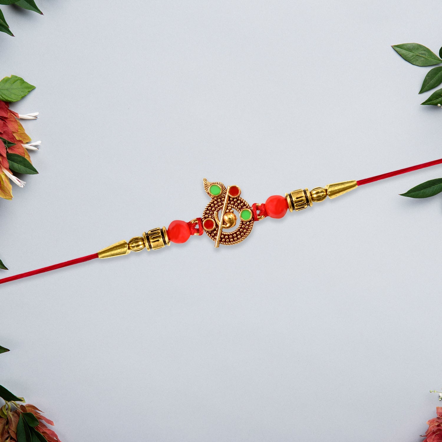 Red Beaded Rakhi With Krishna Symbol Wukusy