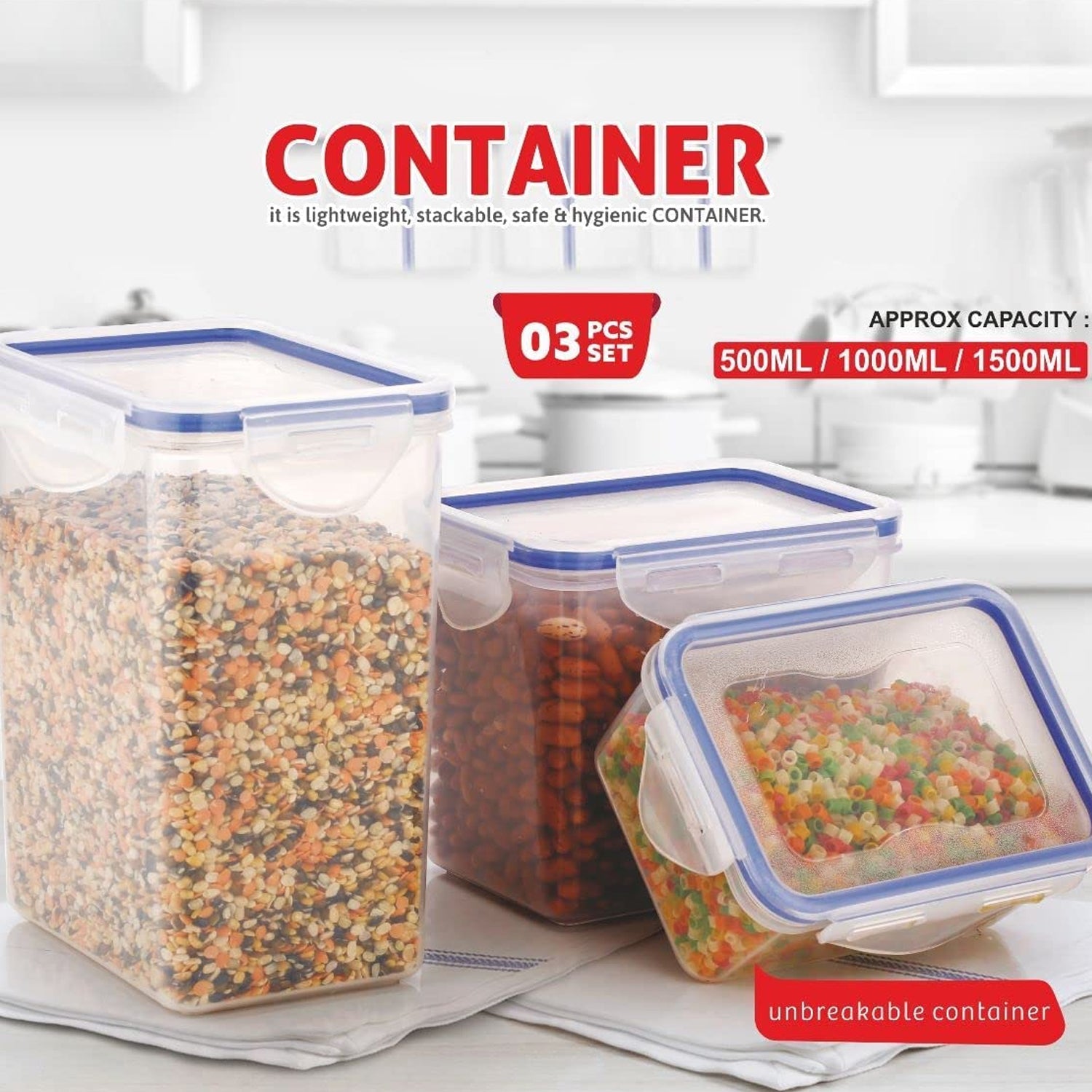 5827 Rectangle Abs Airtight Food Storage Containers With Leak Proof Locking Lid Storage Container Set Of 3 Pc (Approx Capacity 500ml1000ml1500ml Transparent) Wukusy