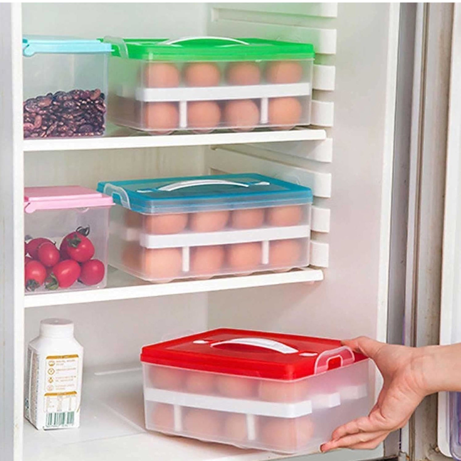 5725 2layer 32 Grid Egg Tray With Lid Egg Carrier Holder For Refrigerator Camping Food Storage Container With Handle (1 Pc ) Wukusy