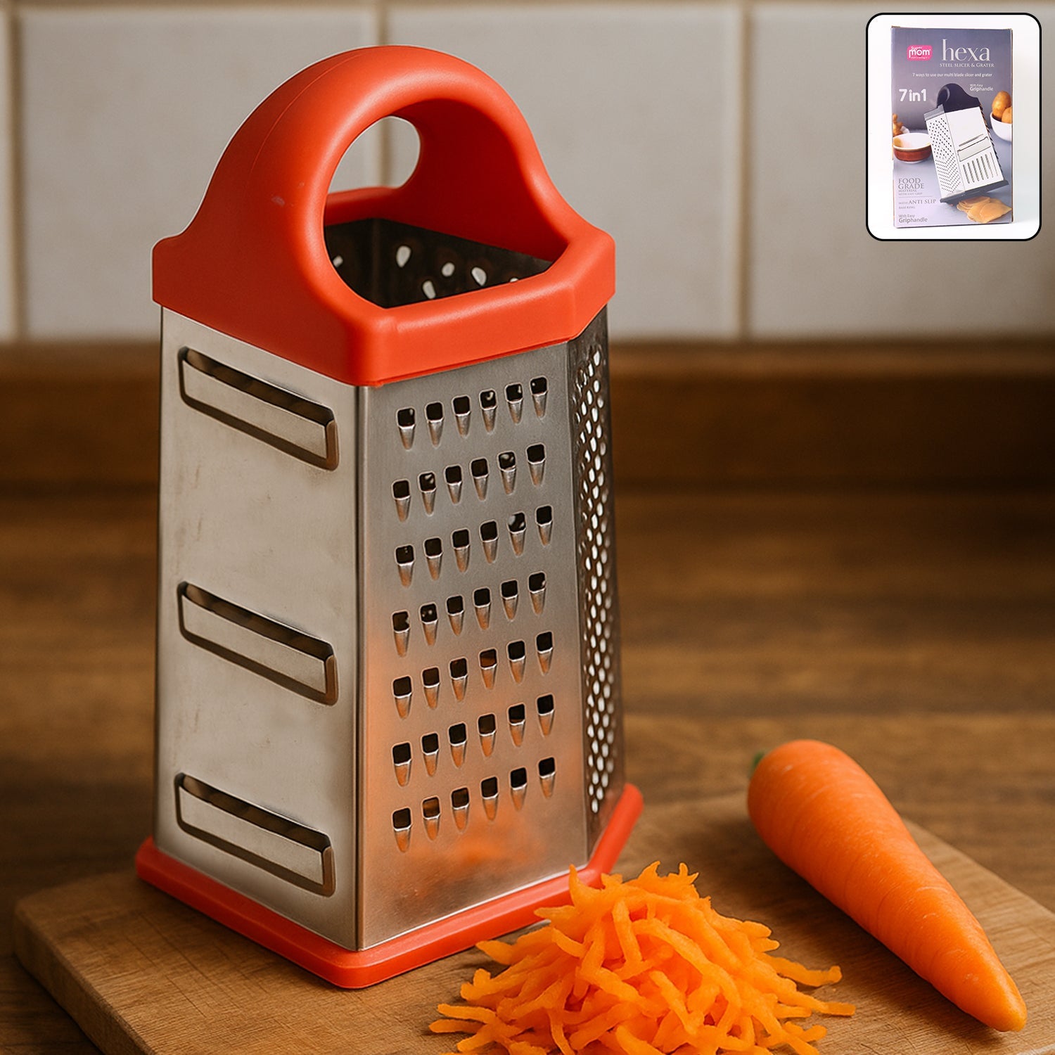 7-in-1 Heavy Duty Stainless Steel Box Grater With Ergonomic Handle (1 Pc) Wukusy