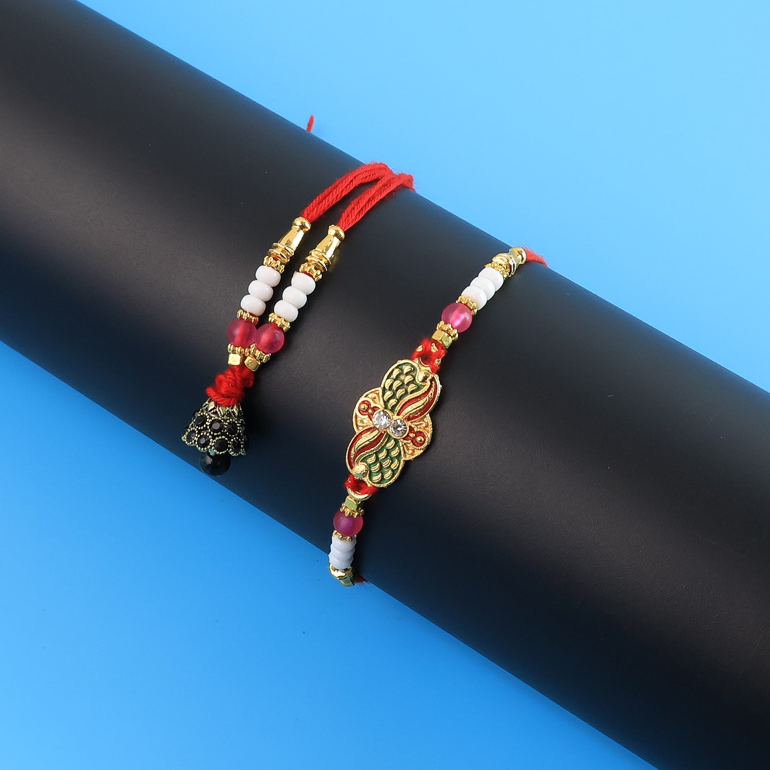 Elegant Bhabhi Lumba Rakhi With Butterfly Design Beaded Tassels  Pink Stone Work Wukusy