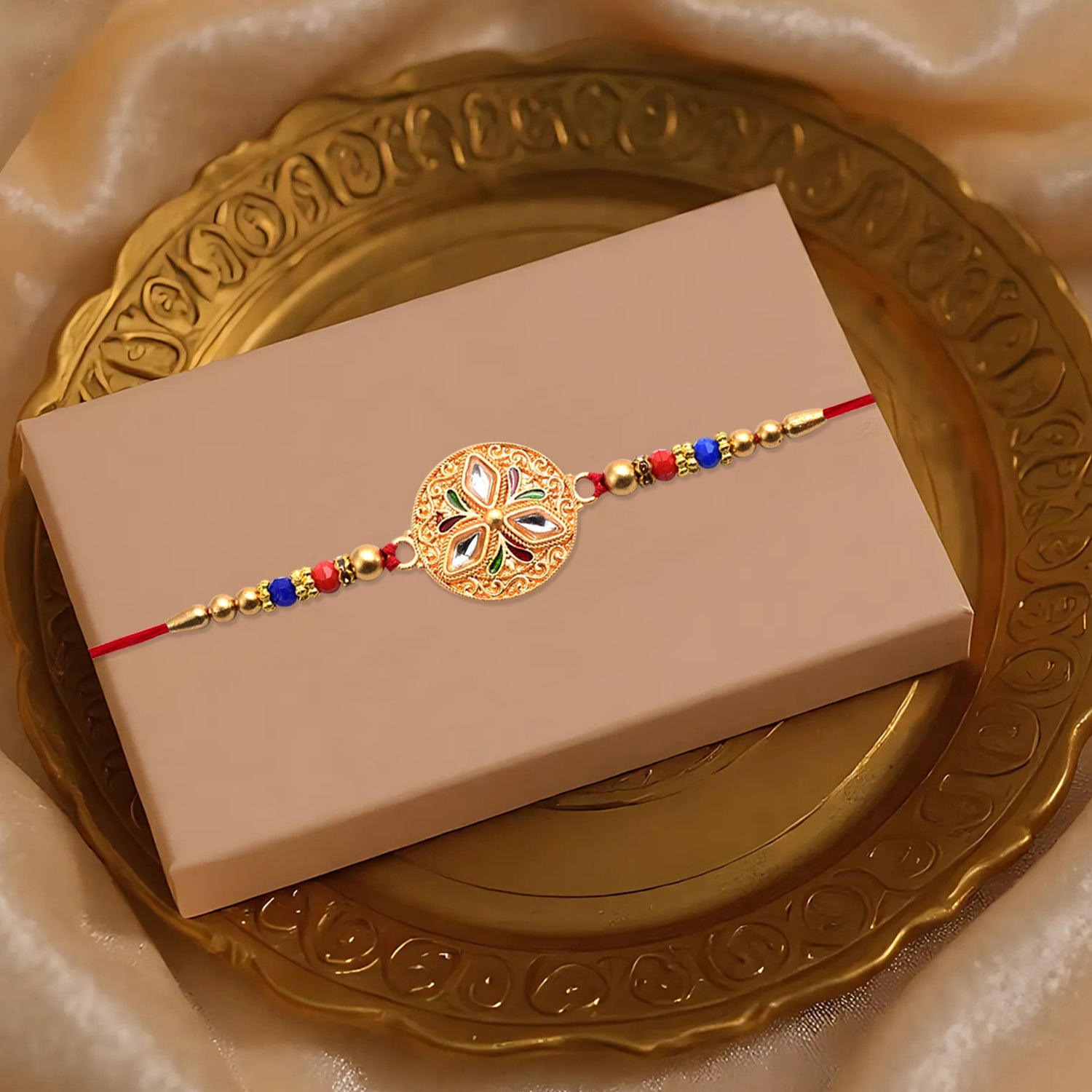 Elegant Meenakari Floral Rakhi With Colorful Beads  Golden Detailing Wukusy