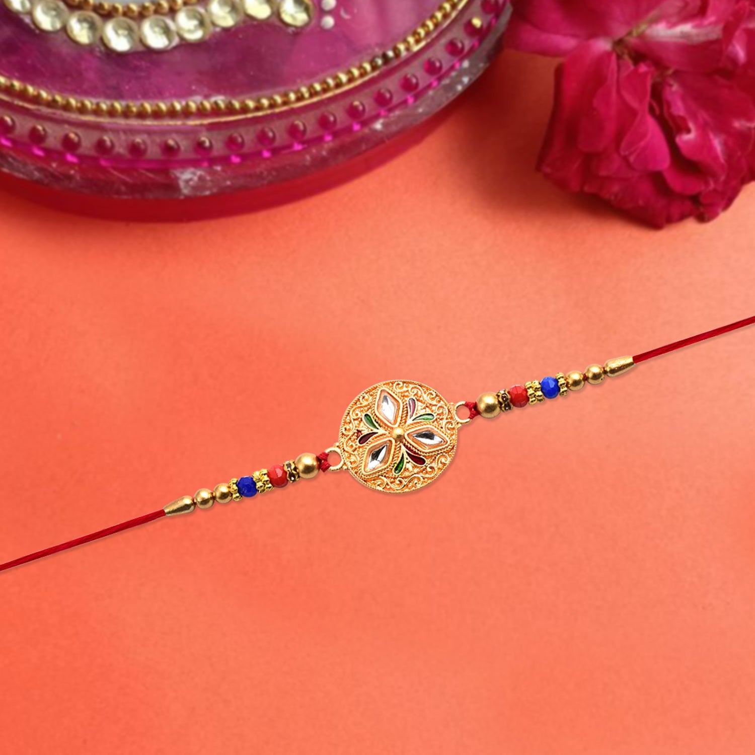 Elegant Meenakari Floral Rakhi With Colorful Beads  Golden Detailing Wukusy