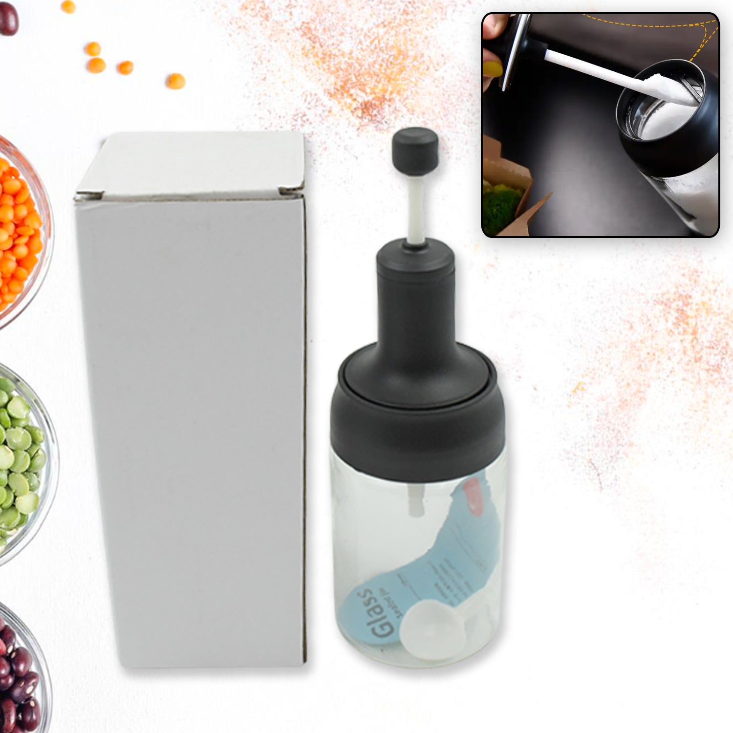 5522 Heat-resistant Condiment Container Seasoning Box Glass Condiment Canisters Pots Bottle With Serving Spoons For Salt Spice Honey Sugar Bbq Resturant Jar Oil Bottle Honey Jar Dispenser Airtight Cap Transparent (1 Pc) Wukusy