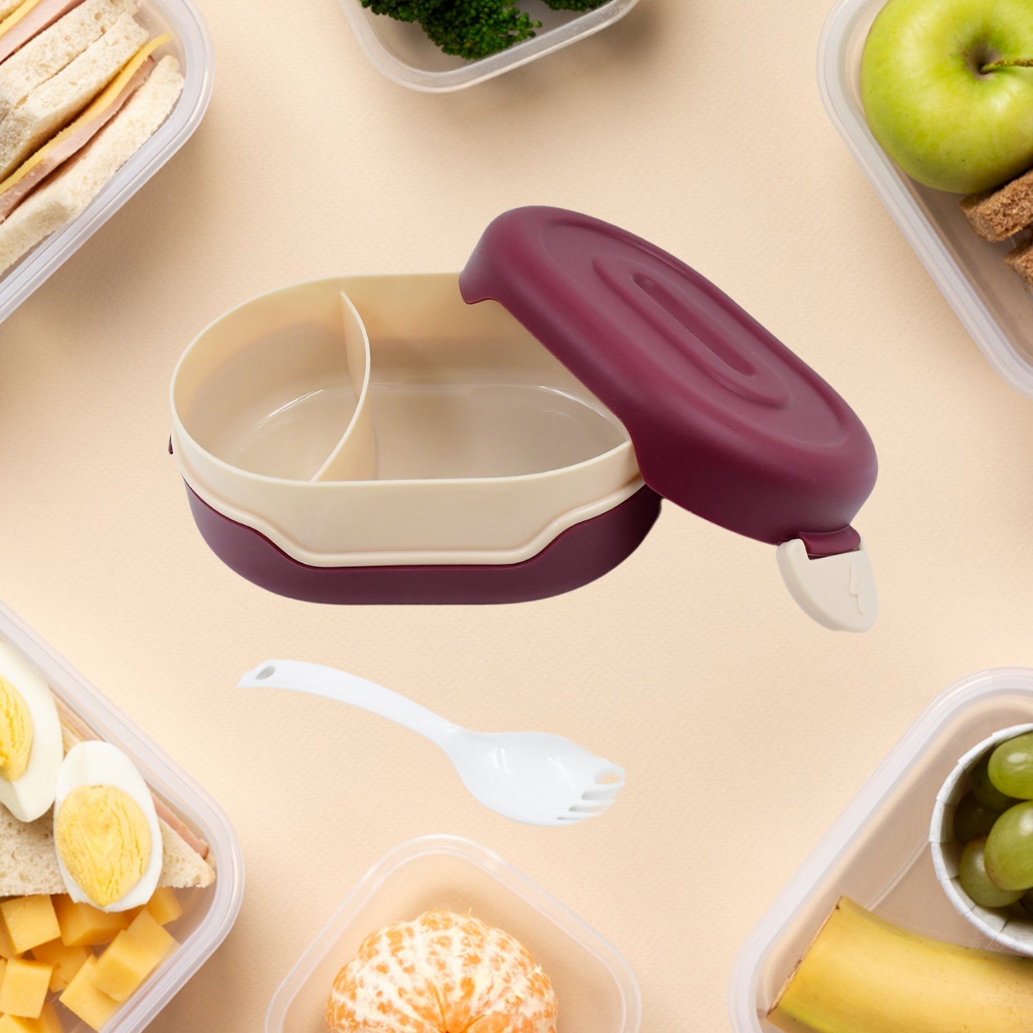 Airtight Food Grade Tiffin Box With 2 In 1 Spoon And 2 Compartment Wukusy