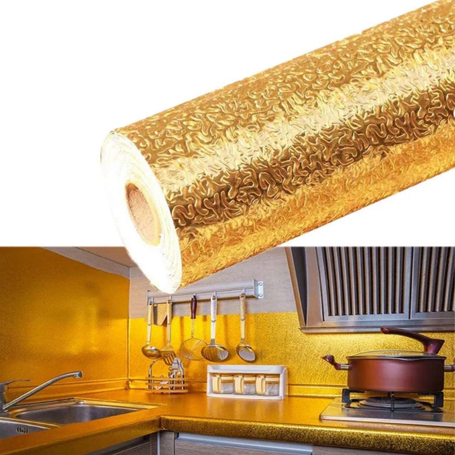 Oil Proof Sticker Waterproof Self Adhesive Aluminum Foil Wallpaper (60 Cm2m  Golden  1 Pc) Wukusy