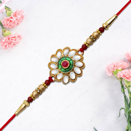 Kundan Floral Rakhi With Green  Red Centerpiece Wukusy