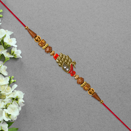 Antique Peacock Feather Rakhi With Beaded Thread Wukusy