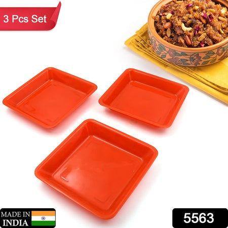 5563 Square Plastic Halwa Dinner Plate Snacks  Breakfast Restaurant Serving Trays Home School Coffee Hotel Kitchen Office (3 Pcs Set) Wukusy
