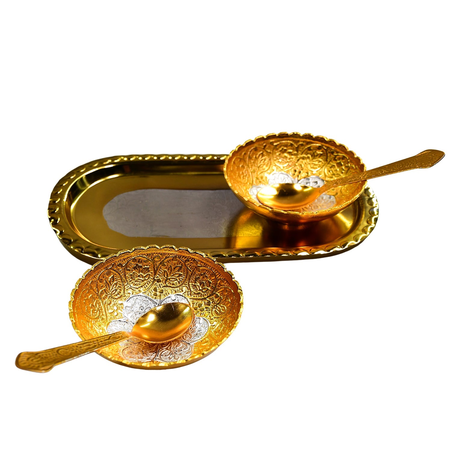 2947 Gold Silver Plated 2 Bowl 2 Spoon Tray Set Brass With Red Velvet Gift Box Serving Dry Fruits Desserts Gift Wukusy