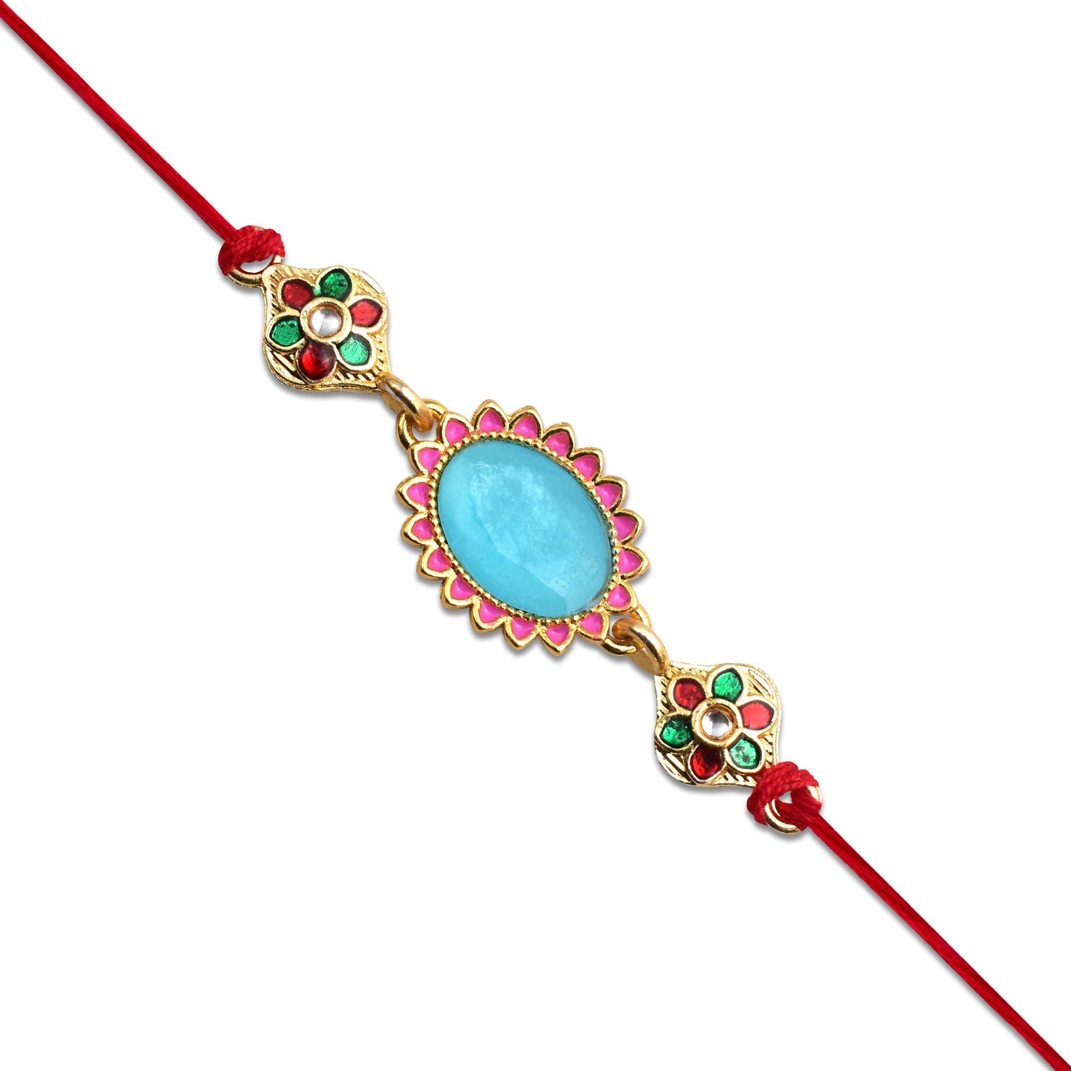 Blue Stone Rakhi With Floral Meenakari Accents Wukusy