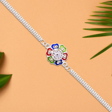 Silver Floral Rakhi With Multicolor Enamel And Stones Wukusy
