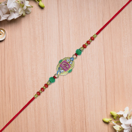 Om Rakhi With Decorative Beads And Stone Work